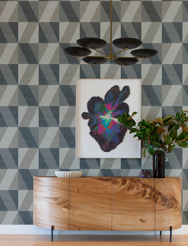 Winslow Slate Geometric Faux Grasscloth Wallpaper, Metallic Textured Geometric Style - 4141-27109