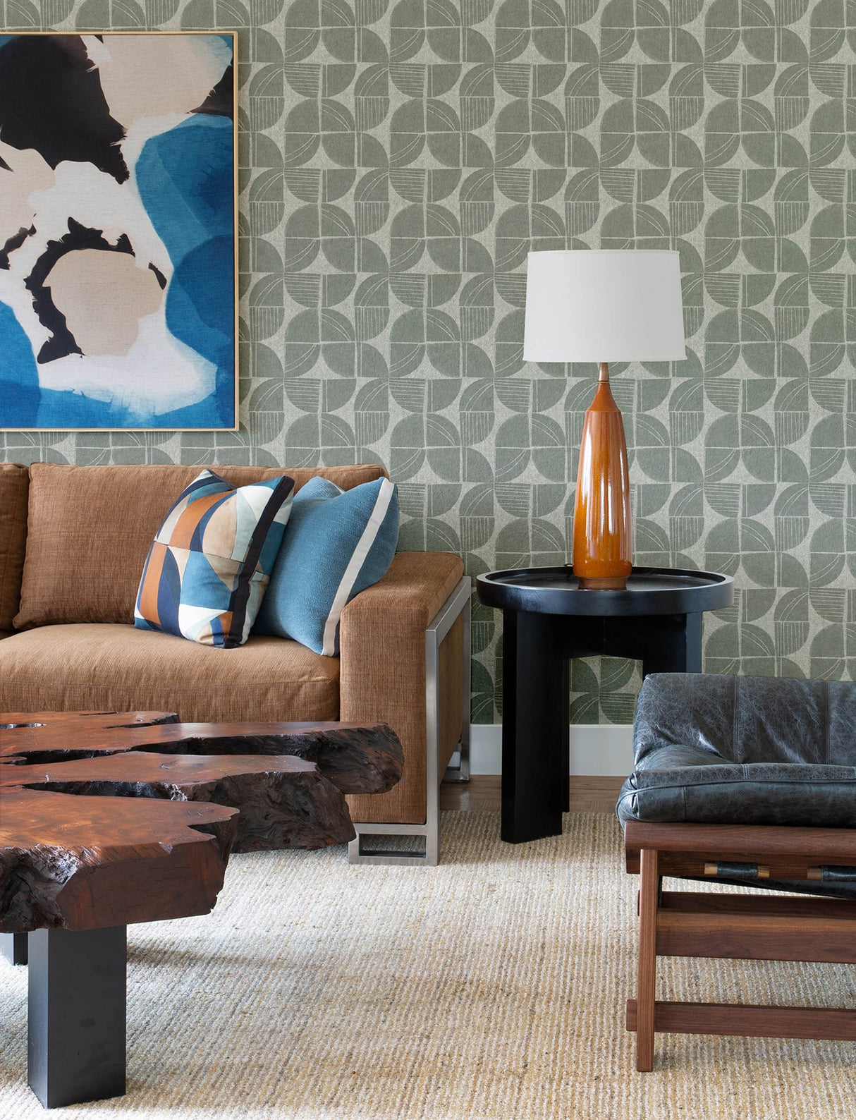 Baxter Sea Green Semicircle Mosaic Wallpaper with Modern Geometric Pattern - Brewster 4141-27113