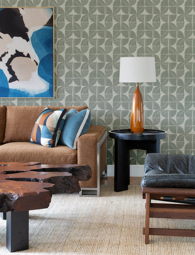 Baxter Sea Green Semicircle Mosaic Wallpaper with Modern Geometric Pattern - Brewster 4141-27113