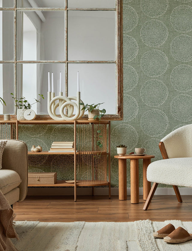Salma Sage Medallion Wallpaper with Raised Ink Textured Bohemian Graphics - Brewster 4141-27122