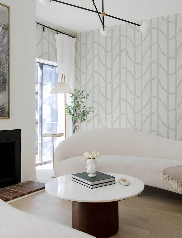 Harlow Silver Curved Contours Wallpaper with Geometric Linen-Look Pattern - A-Street Prints 4141-27138