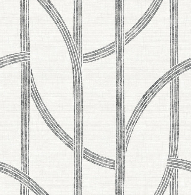 Harlow Black Curved Contours Wallpaper with Metallic Textured Graphic Stripe Motif - Brewster 4141-27141