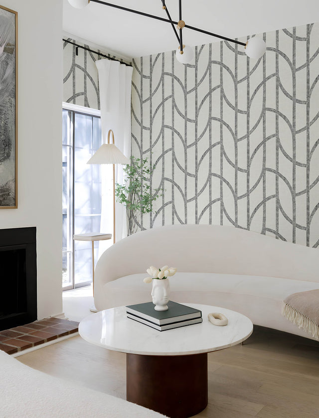 Harlow Black Curved Contours Wallpaper with Metallic Textured Graphic Stripe Motif - Brewster 4141-27141