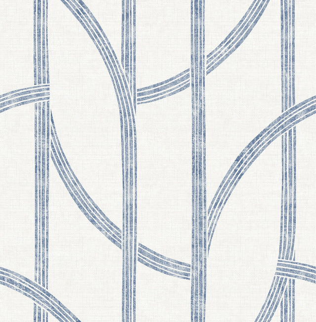 Harlow Indigo Curved Contours Wallpaper with Farmhouse Graphic Stripe Pattern - Brewster 4141-27142