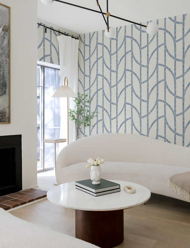 Harlow Indigo Curved Contours Wallpaper with Farmhouse Graphic Stripe Pattern - Brewster 4141-27142