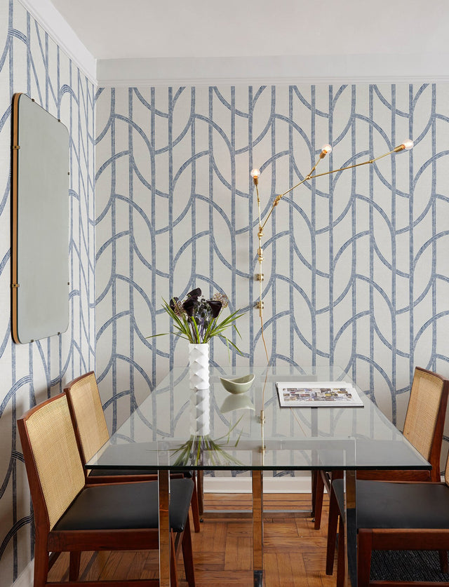 Harlow Indigo Curved Contours Wallpaper with Farmhouse Graphic Stripe Pattern - Brewster 4141-27142