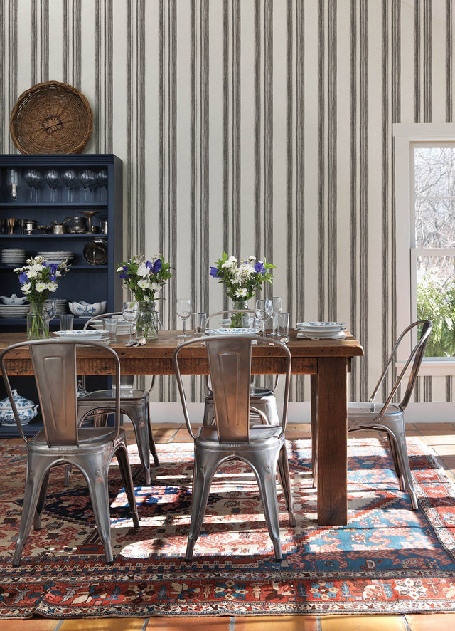 Loom Spun Charcoal Wallpaper with Farmhouse Stripes, Prepasted Non Woven, Random Match - Chesapeake 4142-72601