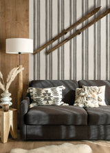 Loom Spun Charcoal Wallpaper with Farmhouse Stripes, Prepasted Non Woven, Random Match - Chesapeake 4142-72601
