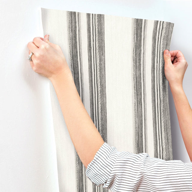 Loom Spun Charcoal Wallpaper with Farmhouse Stripes, Prepasted Non Woven, Random Match - Chesapeake 4142-72601