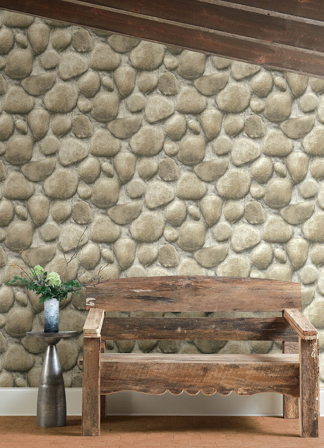 Root Rock Grey Wallpaper with Stone Graphic Motif, Farmhouse Prepasted Non Woven - Chesapeake 4142-72611