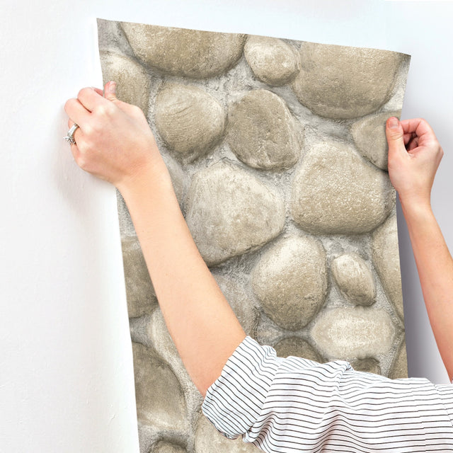 Root Rock Grey Wallpaper with Stone Graphic Motif, Farmhouse Prepasted Non Woven - Chesapeake 4142-72611
