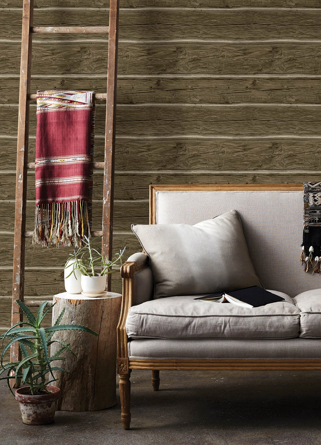 Lodgepole Dark Brown Wallpaper with Farmhouse Wood Graphic Pattern - Chesapeake 4142-72613