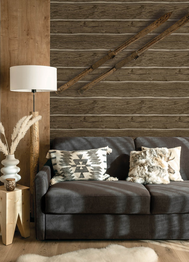 Lodgepole Dark Brown Wallpaper with Farmhouse Wood Graphic Pattern - Chesapeake 4142-72613