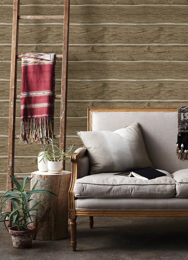 Lodgepole Chestnut Wallpaper with Wood Log Motif, Farmhouse Prepasted Non Woven - Chesapeake 4142-72615