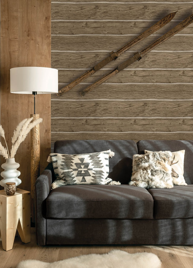 Lodgepole Chestnut Wallpaper with Wood Log Motif, Farmhouse Prepasted Non Woven - Chesapeake 4142-72615