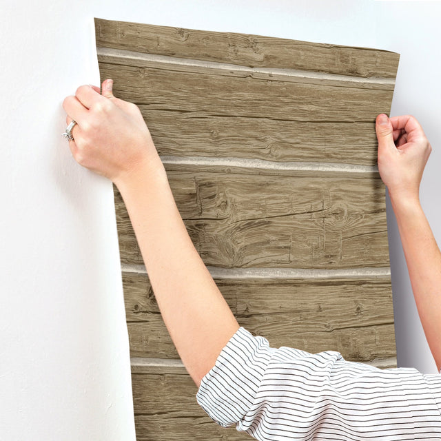 Lodgepole Chestnut Wallpaper with Wood Log Motif, Farmhouse Prepasted Non Woven - Chesapeake 4142-72615