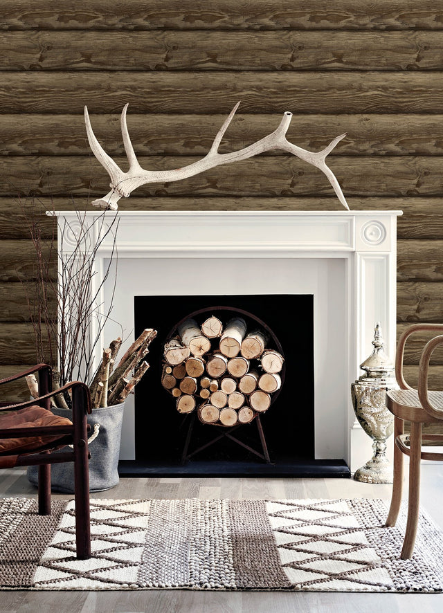 Bunkhouse Mahogany Wallpaper with Wood Graphic Log Pattern, Lodge Style - Chesapeake 4142-72616