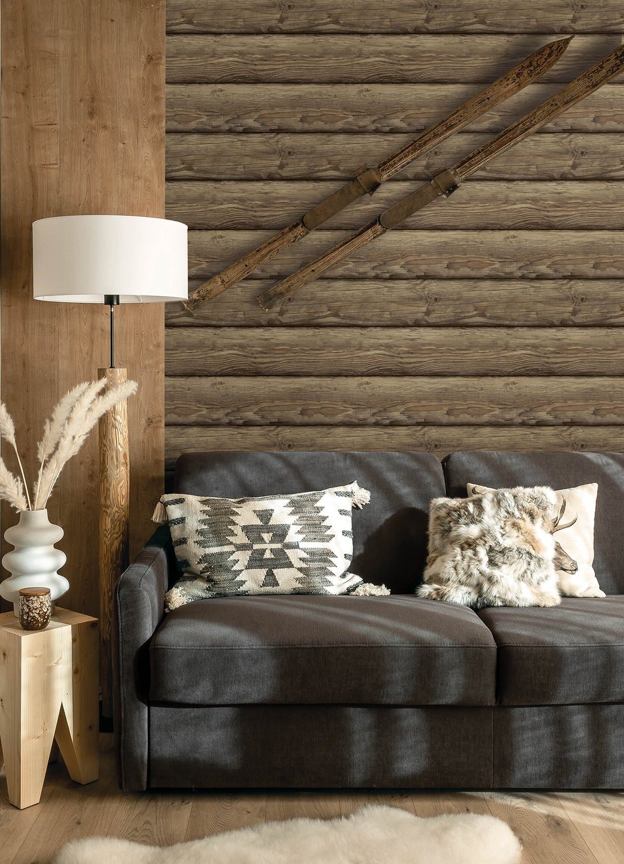 Bunkhouse Mahogany Wallpaper with Wood Graphic Log Pattern, Lodge Style - Chesapeake 4142-72616