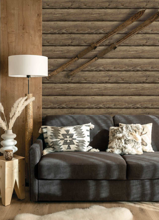 Bunkhouse Mahogany Wallpaper with Wood Graphic Log Pattern, Lodge Style - Chesapeake 4142-72616