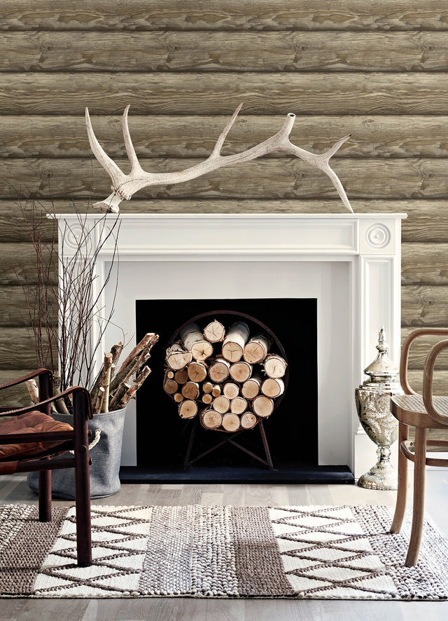 Bunkhouse Light Brown Wallpaper with Lodge Wood Graphic - Chesapeake 4142-72617