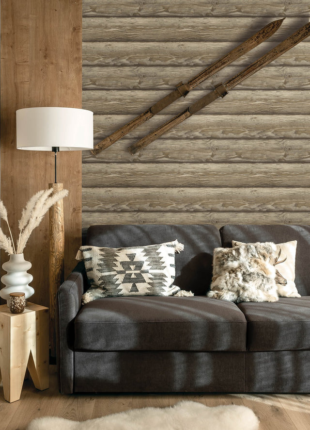 Bunkhouse Light Brown Wallpaper with Lodge Wood Graphic - Chesapeake 4142-72617