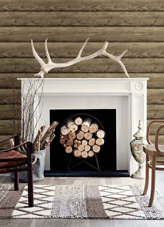 Bunkhouse Chestnut Wallpaper with Wood Graphic Log Motif - Chesapeake 4142-72618