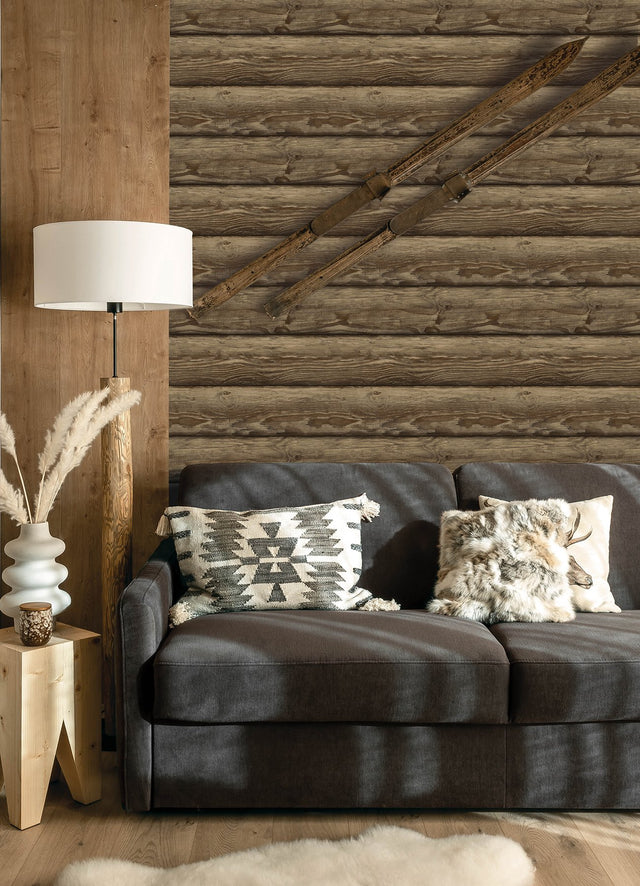 Bunkhouse Chestnut Wallpaper with Wood Graphic Log Motif - Chesapeake 4142-72618
