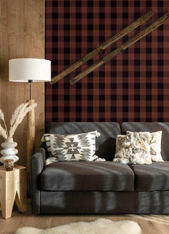 Lumberjack Maroon Wallpaper with Buffalo Plaid Pattern, Farmhouse Style - Chesapeake 4142-72621