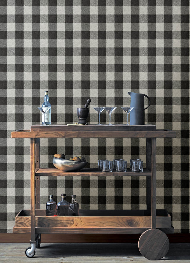 Lumberjack Black Wallpaper with Buffalo Plaid Farmhouse Graphic - Chesapeake 4142-72622