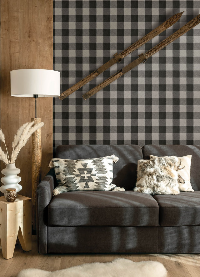 Lumberjack Black Wallpaper with Buffalo Plaid Farmhouse Graphic - Chesapeake 4142-72622