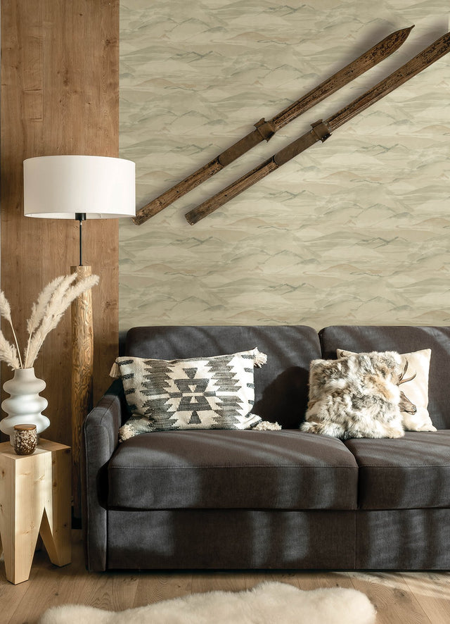 Bozeman Mountains Moss Wallpaper with Abstract Watercolor Mountain Motif - Chesapeake 4142-72624