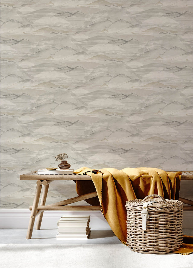 Bozeman Mountains Grey Wallpaper with Abstract Watercolor Mountain Motif - Chesapeake 4142-72626