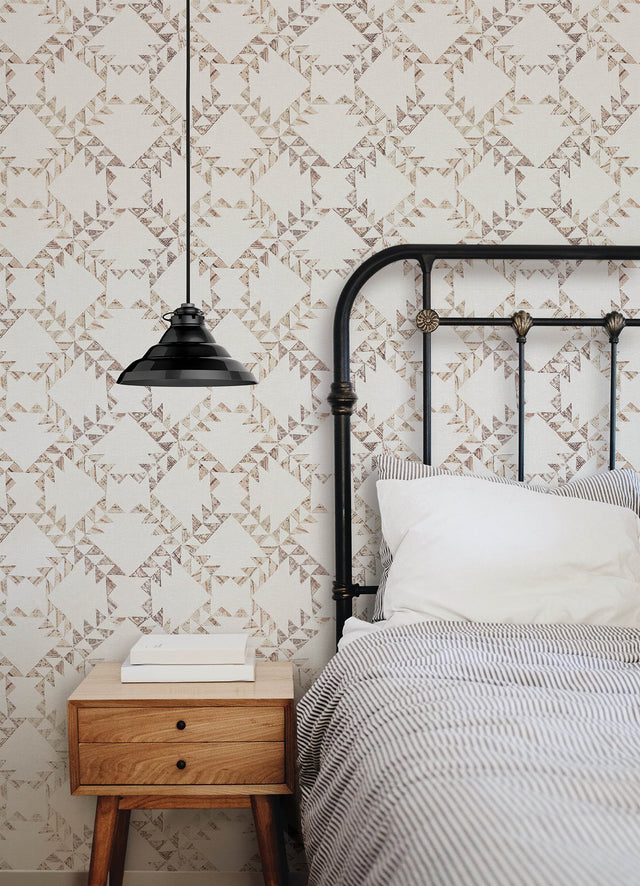 Scrap Quilt Brown Wallpaper with Geometric Quilt Motif, Traditional Textured Non Woven - Brewster 4142-72629