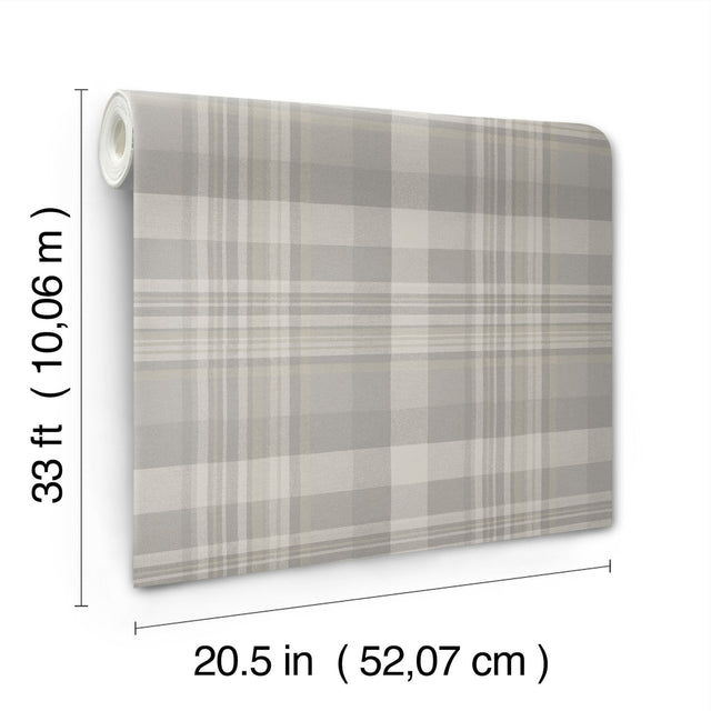 Dutton Plaid Grey Wallpaper with Traditional Plaid Pattern, Prepasted Non Woven - Brewster 4142-72634