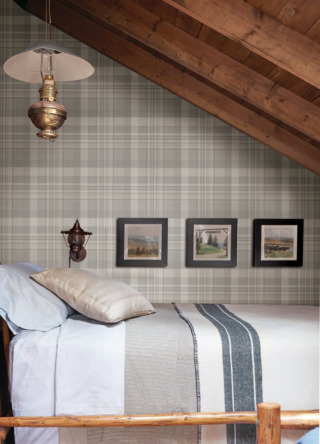 Dutton Plaid Grey Wallpaper with Traditional Plaid Pattern, Prepasted Non Woven - Brewster 4142-72634