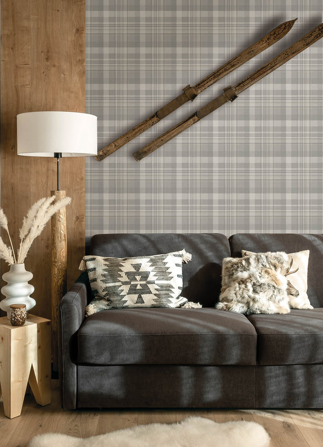 Dutton Plaid Grey Wallpaper with Traditional Plaid Pattern, Prepasted Non Woven - Brewster 4142-72634
