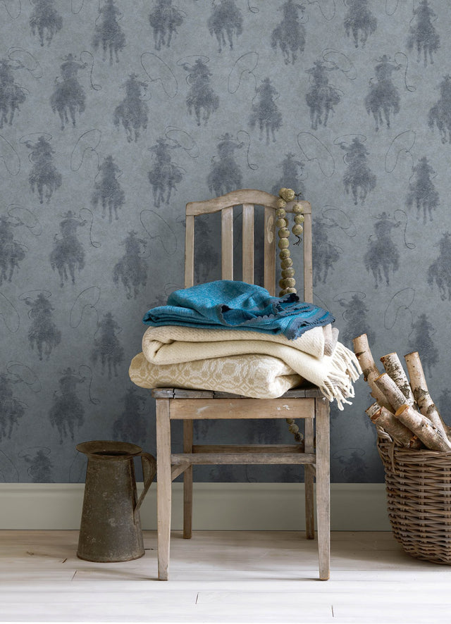 Stockman Silhouette Blue Wallpaper with Cowboy Graphics Motif - Chesapeake 4142-72637