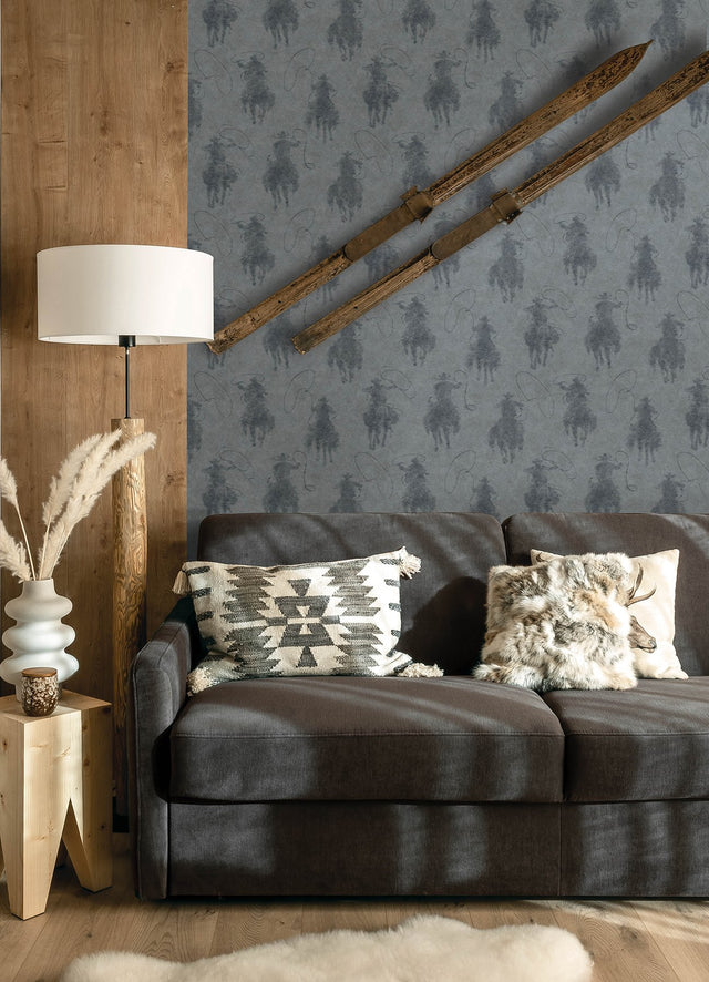 Stockman Silhouette Blue Wallpaper with Cowboy Graphics Motif - Chesapeake 4142-72637