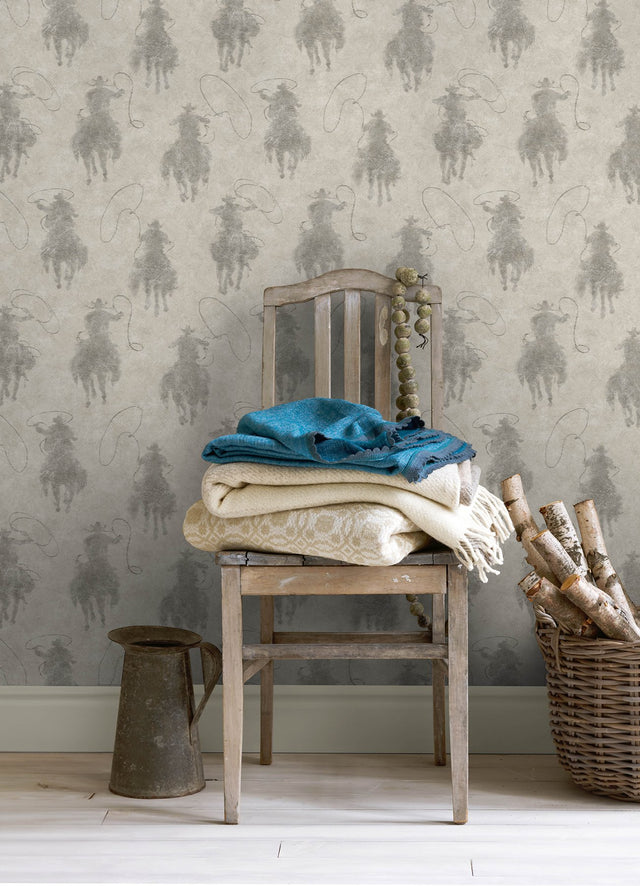 Stockman Silhouette Grey Wallpaper with Western Cowboy Motif - Chesapeake 4142-72639
