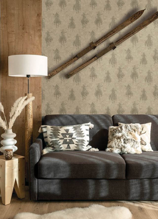 Stockman Silhouette Khaki Wallpaper with Western Cowboy Motif - Chesapeake 4142-72640