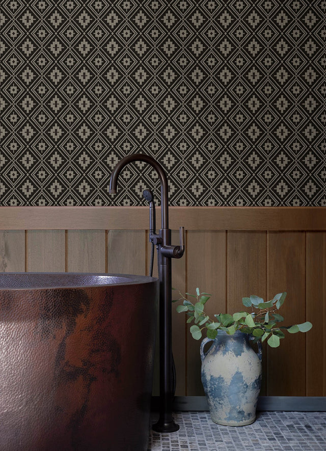 Camp Blanket Black Wallpaper with Geometric Western Medallion Pattern, Traditional Prepasted Non Woven - Brewster 4142-72656