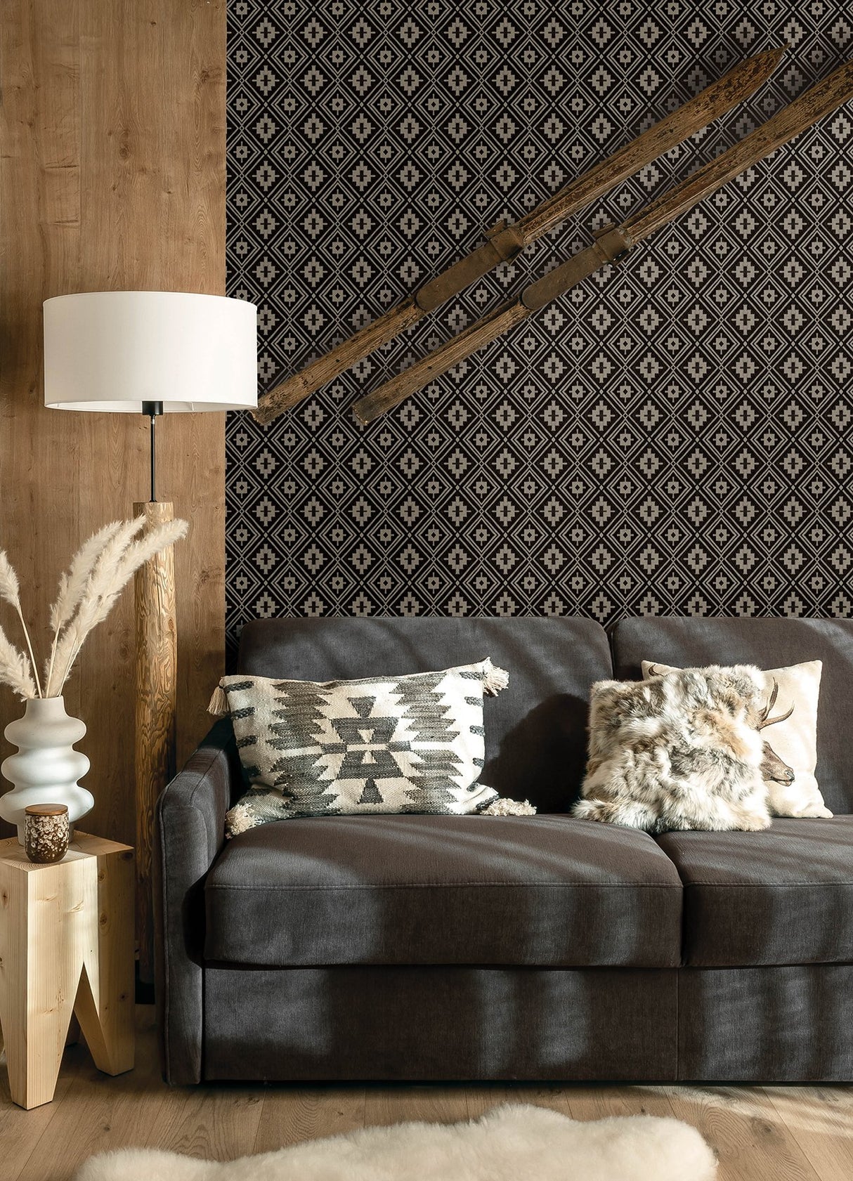 Camp Blanket Black Wallpaper with Geometric Western Medallion Pattern, Traditional Prepasted Non Woven - Brewster 4142-72656