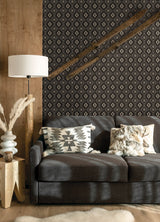 Camp Blanket Black Wallpaper with Geometric Western Medallion Pattern, Traditional Prepasted Non Woven - Brewster 4142-72656