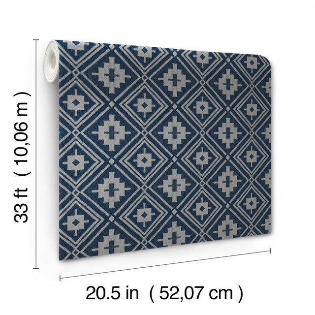 Camp Blanket Dark Blue Wallpaper with Western Geometric Medallion Pattern, Traditional Prepasted Non Woven - Chesapeake 4142-72657