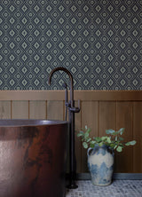 Camp Blanket Dark Blue Wallpaper with Western Geometric Medallion Pattern, Traditional Prepasted Non Woven - Chesapeake 4142-72657