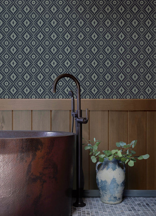 Camp Blanket Dark Blue Wallpaper with Western Geometric Medallion Pattern, Traditional Prepasted Non Woven - Chesapeake 4142-72657