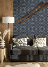 Camp Blanket Dark Blue Wallpaper with Western Geometric Medallion Pattern, Traditional Prepasted Non Woven - Chesapeake 4142-72657