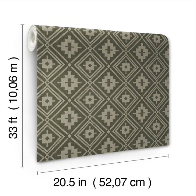 Camp Blanket Green Wallpaper with Geometric Western Medallion Pattern - Chesapeake 4142-72658