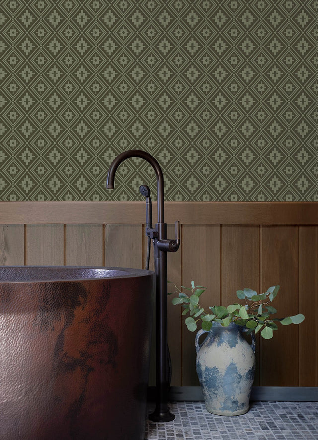 Camp Blanket Green Wallpaper with Geometric Western Medallion Pattern - Chesapeake 4142-72658