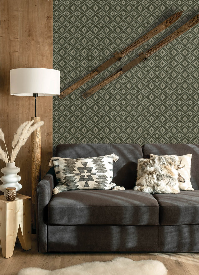 Camp Blanket Green Wallpaper with Geometric Western Medallion Pattern - Chesapeake 4142-72658